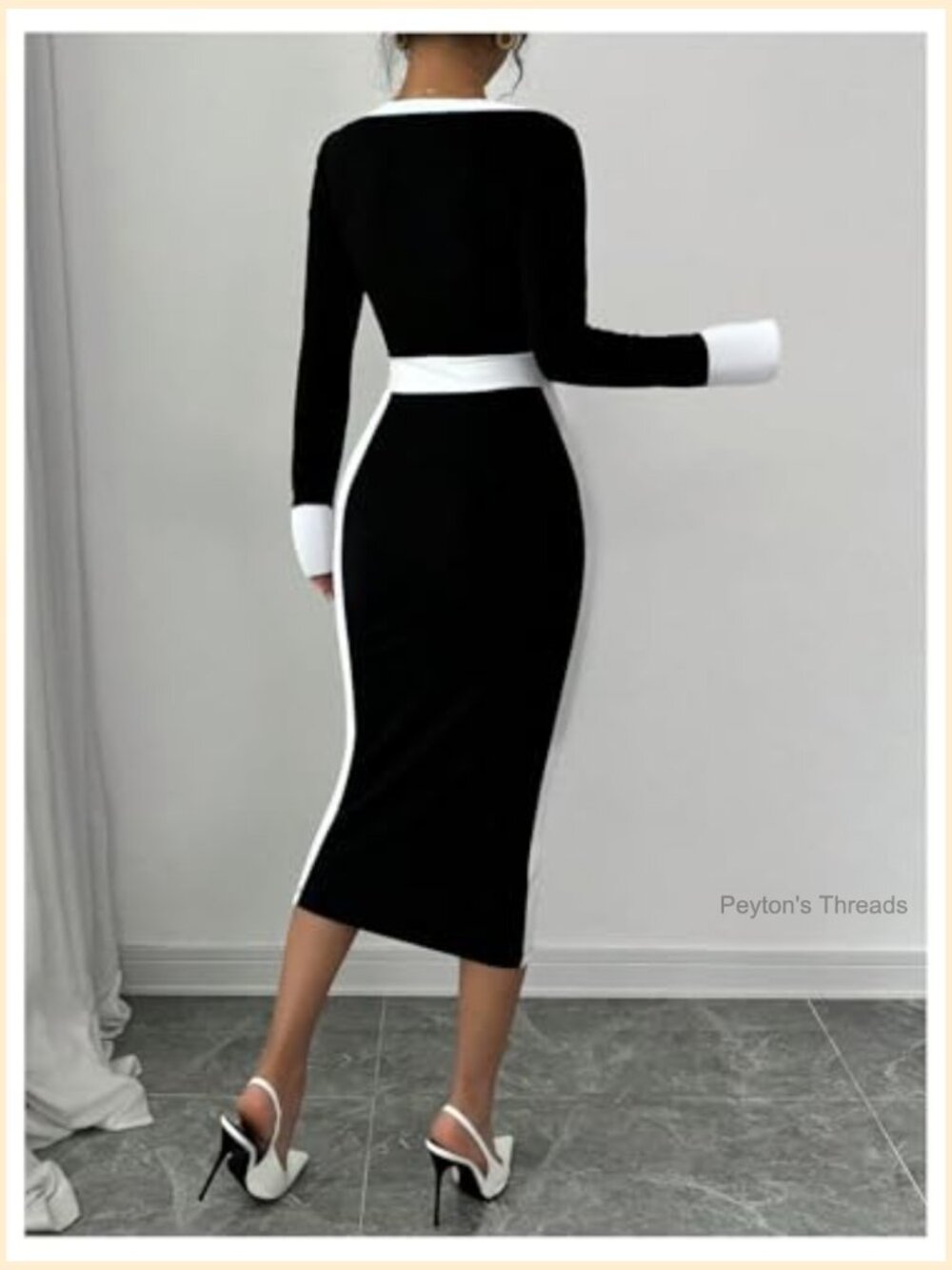 Long Sleeve Square Neck Bodycon Midi Dress Pencil Cocktail Party - Picture 2 of 7